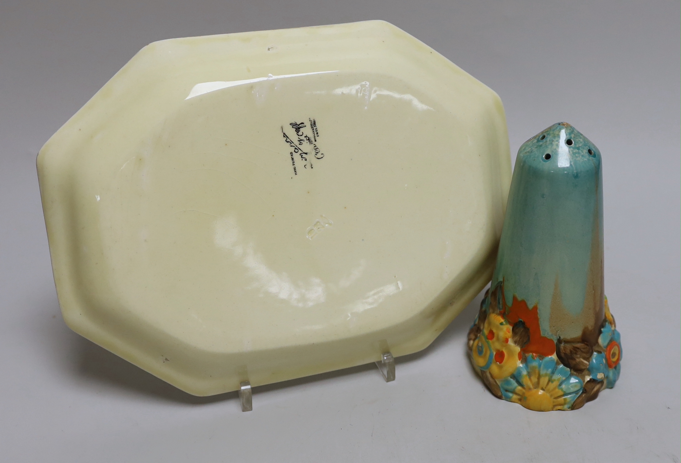 A Clarice Cliff 'My garden' sugar sifter and a Clarice Cliff Rhodanthe dish, 25cm